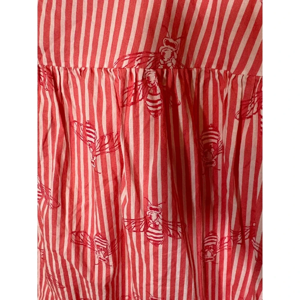 Red‎ White Striped Bee Print Button Front Tiered Midi Skirt Womens